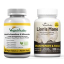 Vegan Vitality Brain Nutrition Bundle - Lions Mane Nootropic Kapseln und Vegan Multivitamine. Hohe Festigkeit pflanzenbasierte Ergänzungen für Gedächtnis und Fokus und Gesamtgesundheit für Vegane und Vegetarier