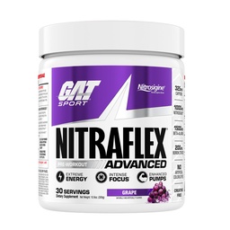 GAT SPORT, Nitraflex Advanced pre- edzés por, növeli a vér áramlását, növeli az erőt és az energiát, javítja a gyakorlat teljesítményét (Grape, 30 szervizek)