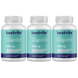 BESTVITE Cognizin Citicoline 500mg (180 Vegetáriánus kapszula) (60x3) - Clinically Studied Premium Coline Nootropic - No Stearates - Vegan - Gluten Free - Brain Supplements for Memory and Focus
