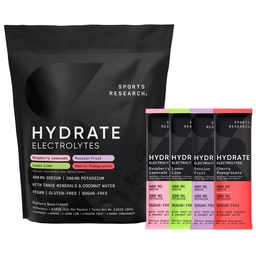 Sports Research ® Hydrate Electrolites Powder Packets - Sugar- Free & Natural Favored with Vitamins, Minerals, and Coconut Water - Supports Hydration - 16 Packets - Variety Pack