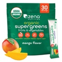 Zena Nutrition Organic Super Greens Powder, 70 + Superfoods, 0 Sugar, 3G Fiber, Spirulina, Chlorella, Gombák, Prebiotics / Probiotics, Digesztikus Enzimek a Gut Health, Mango, 30 Drink Mix Packets