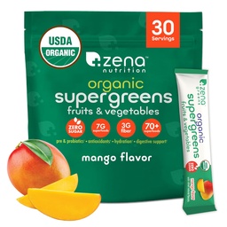 Zena Nutrition Organic Super Greens Powder, 70 + Superfoods, 0 Sugar, 3G Fiber, Spirulina, Chlorella, Gombák, Prebiotics / Probiotics, Digesztikus Enzimek a Gut Health, Mango, 30 Drink Mix Packets