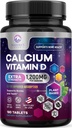 Kalzium 1200 mg mit Vitamin D3, Kalziumergänzung Vitamine, Knochen, Zähne & Immun-Gesundheitsunterstützung, Kalziumergänzungsmittel mit D für Frauen und Männer, Natur saugfähiges Calciumcarbonat - 180 Tabletten