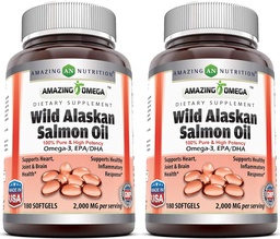 Amazing Omega Wild Alaskan Salmon Oil 2000mg Per Serving Softgels Supplement (180x124; 2 Pack)