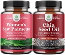 Bundle of Extra Strength Saw Palmetto for Women and Chia Seed Oil Extract Capsules - Erősebb vékonyabb haj növekedési vitaminok - Plant Based Omega 3 6 9 Supplement and Daily Fiber Capsules