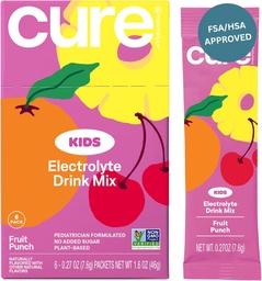 Cure Hydration - Kids Electrolyte Drink Mix 124; Plant- alapú Pediatrician Formuled Rehidratáció 124; No hozzáadott cukor, FSA- HSA, Non-GMO, Gluten- Free, No Masterial Flavors- 124; Box of 6 Packets - Fruit Punch