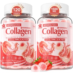 2Pack Sugar- mentes, hidrolizált kollagén peptid töltött gumik a nők és férfiak, 1500mg fehérje típus I, II, III, V, X, 5000µg biotin vitamin C A E D3 B6 B12 az immun emésztéses bőr körmök, csont