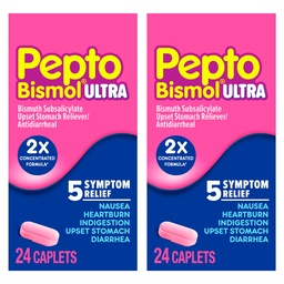 Pepto Bismol ULTRA Caplets, gyomorpanaszok enyhítése, hányinger enyhítése, szívégés enyhítése, emésztési zavar enyhítése, hasmenés elleni gyógyszeres kezelés felnőttek számára - 5 symphyreosis, 48 ct (2x24 ct)
