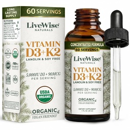 Élő bölcsesség Naturals Vegan D3 K2 vitamin 5000 NE, 90 MCG (MK- 7) cseppek - 60 szervadékok, Ultra koncentrált formuláció, és gyors abszorpció - Precision Micro- Dosing Dropper kognitív és immunszupportív