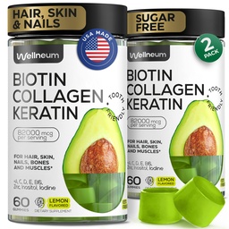 Biotin és Collagen Peptid gumik a haj növekedés, bőr és köröm 120 db (2 Pack) - 82000 Mcg - Biotin rágógépek Keratin Max Strength - Beauty Gumies for Women and Men - Sugar Free, Non-GMO