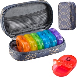 Serfeymi Weekly Travel Pill Organizer 2 Times AM Day PM Frissített Rainbow Pill Box 7 Day hordozható cipzár PU bőrpirító esetében, Gyógyszer Szerelő pirula, Vitaminok, Halolaj - Lines 01