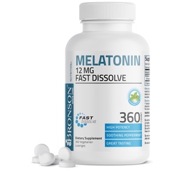 Bronson Melatonin 12 mg gyors oldás Alvástámogatás és relaxációs támogatás, 360 Peppermint Vegetáriánus Lozenges