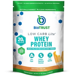 BioTrust Low Carb Lite, 20 Grams of Grass- Fed Whey Protein Isolate, 100 Calories, ProHydrolase Digestic Enzimes, Non-GMO, Free from Soy and Gluten, rBGH- Free (14 Servings) (Orange Cream)