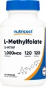 Nutricost Metilfolát 1000mcg, 120 Vegetáriánus kapszula - Gluten mentes, nem-GMO (metilált folát)