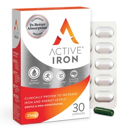 Active Iron Supplement 25mg - Klinikailag bizonyított, hogy növeli a vas és energia szint - gyengéd, nem-székrekedés, erősen abszorbeált - 30 kapszula