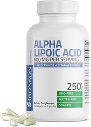Bronson Alpha Lipoic Acid 600mg Ingyenes Radikális Scavenger Támogatja Egészség - Non-GMO, 250 Vegetáriánus kapszula (125 Servings)