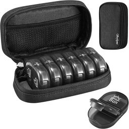 Serfeymi Weekly Travel Pill Organizer 2 Times AM Day PM Frissített Black Pill Box 7 nap Portable Zipper Canvas Pill Case, Medicine Organizer for Pills, Vitamins, kiegészítők, Halolaj - Black 01