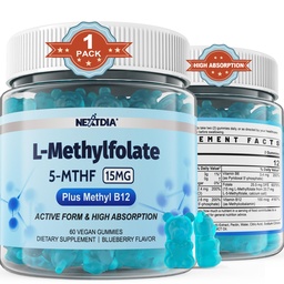 L- Metilfolát 15mg & Metil B12 Gummies, metilált B1, B2, B6 multivitaminok - Aktív 5- MTF- és magas abszorpció - Támogatja MTHFR Gene, Kognition, Homocisztein szintek, folsav metabolizmus, Vegan, 60 Cts