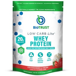 BioTrust Low Carb Lite, 20 Grams of Grass- Fed Whey Protein Isolate, 100 Calories, ProHydrolase Digestic Enzimes, Non-GMO, Free from Soy and Gluten, rBGH- Free (14 Servings) (Eper és krém)