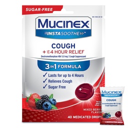 Mucinex Instasoothe Sugar Free Cough Drop, Köhögés Gyógyszer Felnőttek számára Dextrometorphan HBr, Non Mentol Cough Drops, Köhögés-szuppresszáns Lozenges, Vegyes Berry Gyógyszeres köhögés Drop, 40ct