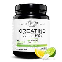 Muscle Feast Creatine Monohidrát Rágótabletta - Vegán & Gluten- Free Creapure Creatine Chews for Men & Women - Finom citrus- Ízesített Creatine Tablets for Muscle Building - Lemon Lime, 360 Tabs