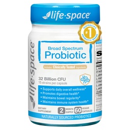 Life- Space Premium Broad Spectrum Probiotics, 2 hónap szerving, 32 milliárd CFU & 15 Diverse Strains, Formulated for Daily Digestive Health & Immune Health, Probiotics for Women & Men, 60 Veg Capsules