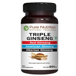 Pure Nutrition Triple Ginseng - egy egyedi és hatékony kombinációja Red Ginseng, Amerikai Ginseng és Szibériai Ginseng. 790mg / kapszula 124; 60 Veg Caps csomag