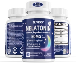 Melatonin 50 mg felnőtteknek - Extra Strength 9- in1 Gyors oldódás Nyelvalatti - w / D3 vitamin & MSM, relaxing Herbal Blend- Ashwagandha, Lemon Balm, Passionflower, Chamomile, Sugar Free, Vegan 180 Servings