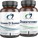 Dizájn egészségügyi D-vitamin Supreme + Digesztimes Digestive Enzimes Bundle - D3-vitamin 5000 NE 2000µg vitamin + emésztési támogatás Enzimek Betaine HCl - 2 Termékek