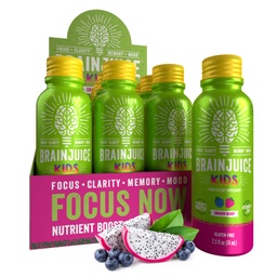 BrainJuice Kids Brain & Immune Support Shot, Gluten Free Supplement Shots for Energy, Focus, Immunity with Vitamin D, C, B, Alpha GPC & Organic Ginger Root, Ages 5 +, Dragon Berry, 2.5 fl oz, 12 Pack