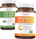 Mentés $4 (12% kedvezmény) - Gyógynövény Immune Bundle - Olive Leaf kivonat (Non-GMO) Super Strength: 20% Oleuropein 750mg sapkák és immuntámogatás - C-vitamin cinkkel, D-vitamin, Elderberry & Echinacea (Non-GMO)