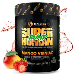 ALPHA LION Superhuman Pump Pre Workout Powder, Nootropic koffein & Stim Free Pretosure Supplement, Nitric Oxide Booster, Muscle Gainer, Energy & Focus (42 szervings, Mango Veiniac Flavor)