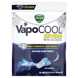 Vicks VapoCool súlyos torokfájás, Max Strength mentol, Soothes torokfájás, Winterfrost Flavor, 45ct