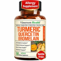 Quercetin Bromelain kurkumin pótlékkal - Allergia enyhítés, Joint & Immune Support - Organic Turmeric Supplement with Black Pepper (Bioperine) - 180 Quercetin 500 mg kapszula