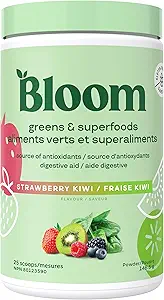 Bloom Nutrition Superfood Powder, Digestic Enzimes with Probiotics and Prebiotics, Gut Health, Bloating Relief for Women, Chlorella, Juice Mix with Beet Root Powder, 25 SVG, Strawberry Kiwi