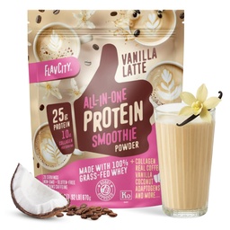 FlavCity Grass Fed Whey Protein Powder - Vanilla Latte - 25g protein, 10g Collagen & 60mg koffein - Készült a Real Vanilla Bean & Organic Coconut - Gluten Free & No hozzáadott cukrok (20 szervizek)