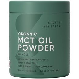 Sport Research Organic MCT Oil Powder - Keto & Vegan MCTs C8, C10 a kókuszdióból - Zsírsav agy & Body Fuel, Non-GMO & Gluten Free - Ízesítetlen, Tökéletes kávé, Tea & Protein Shakes - 10.6 oz
