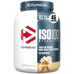 Dymatize ISO100 savófehérje-izolátum, vanília, 25 g fehérje, 3 font, 5.5g BCAA, kevesebb, mint 120 Cal., glutén mentes, 1g Fat, 1g cukor, 2g karbon (45 adag)