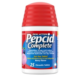 Pepcid complete acid reducer + Antacid for Acid Reflux, 10 mg Famotidin, 800mg kalcium-karbonát & 165mg Magnézium-hidroxid / Heartburn Medicine Tabletta, Antacid Chews, Berry, 25