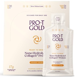 ProT Gold Liquid Collagen Protein Shot, 17g Clear Protein Nano- Hydrolized Grass Fed Collagen, 2g Arginine for Wound Support, Gluten Free, Sugar Free, 0g Carbs, Orange Creme, 1 fl oz, 24 Pack