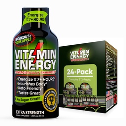 Vitamin Energy Workout + Extra Strength Energy Shot Sour Apple 24 Pack, 260mg Natural koffein, Pre- Edzés, B- Vitaminok, Ásványok, Endurance & Performance, Zéró Sugar, Gluten- Free, Vegan, 1,93 fl oz