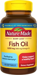 Természet Készült Burp Kevesebb hal Omega 3 kiegészítők, 1200 mg Softgels, EPA DHA Omega 3 Halolaj kiegészítők egészséges szív támogatás, 60 Softgels, 30 napos ellátás