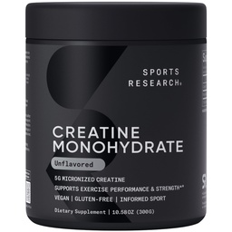 Sport Research Creatine Monohidrát - Gain Lean Muscle, Javítja a teljesítmény és az erő és a támogatás Workout Recovery - 5 g Mikronizált kreatin - 10.58 oz