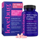 Lovebug Yeast és Vaginal Probioticals for Women pH Balance & Urinary Tract, 50 milliárd CFU, UTI, BV, Odor Support with Lactobacillus, Bifidobacterium, Digestive & Vaginal Health Supplement 60 kapszula