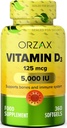 ORZAX D3-vitamin 5000 iu (125 mcg) - nem-GMO, glutén mentes, cukor mentes, tejmentes - 1 éves ellátás erős izomműködés és immuntámogatás - hangulatkiegészítés Wellness (360 Softgel)