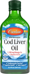 Carlson - Cod máj olaj 1100 mg Omega- 3 s Plus Vitamins A & D3 - Wild Catch EPA DHA Omega 3 kiegészítés - Norvég sarkvidék, Fenntartható Skandináv halolaj folyadék, ízesítetlen, 250 ml (8,4 Fl Oz)