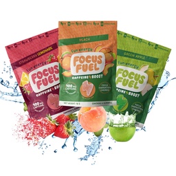 FocusFuel Energy Chews - Trial Size Variety Pack (9 Servings) - 100mg koffein + Alpha GPC + L- Theanine + B12, Magnézium - Peach, Green Apple, Strawberry Lemonade Flavor - No Crash or Jitters