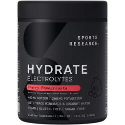 Sports Research ® Hydrate Electrolites Powder - Sugar- Free & Natural Favored with Vitamins, Minerals, and Coconut Water - Supports Hydration - Cherry Pomegranate - 90 Servings