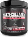 Premium Multi Collagen Peptides Protein Powder (1, 2, 3, 5 & 10) C-vitaminnal, biotinnal, hialuronsavval, a Hair Skin and Nails - Marine, Bovine, Chicken & Eggshell (Strawberry, 45 Servings)