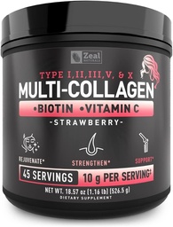 Premium Multi Collagen Peptides Protein Powder (1, 2, 3, 5 & 10) C-vitaminnal, biotinnal, hialuronsavval, a Hair Skin and Nails - Marine, Bovine, Chicken & Eggshell (Strawberry, 45 Servings)